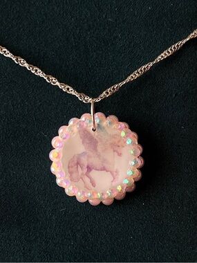 Iridescent Pink Pegasus Pendant Necklace - 925 Silver Women Jewelry
